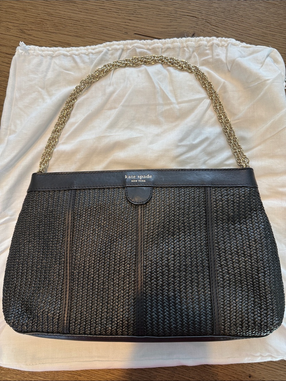 kate spade Black Woven Shoulder Bag with adjustable light Gold Chain Strap
